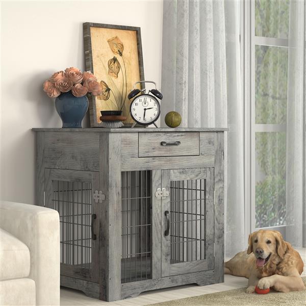 Furniture Style Dog Crate End Table with Drawer, Pet Kennels with Double Doors, Dog House Indoor Use, Grey, 29.9'' W x 24.8'' D x 30.71'' H.