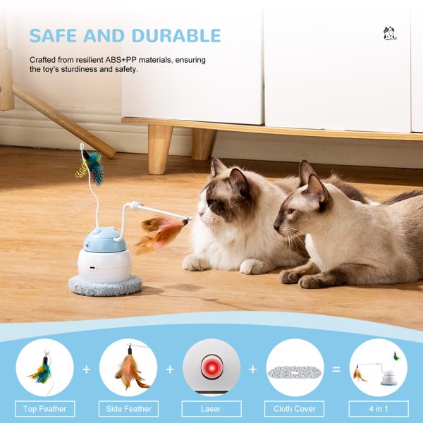 Automatic Interactive Cat Toy 4 in 1 Rechargeable Cat Laser Toy for Indoor Moving Feather Hide and Seek Cat Toy Automatic Exercise and Relieve Boredom Toy (Blue）