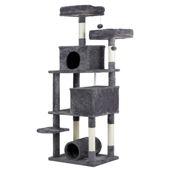 65 inch Cat Tree Cat Tower for Indoor Cats, Large Multi-Level Cat Play House Condo Furniture with Padded Platform Beds, Large Cozy Condos, Sisal Scratching Posts, Toy Balls and Cat Play Tunnel, Dark G