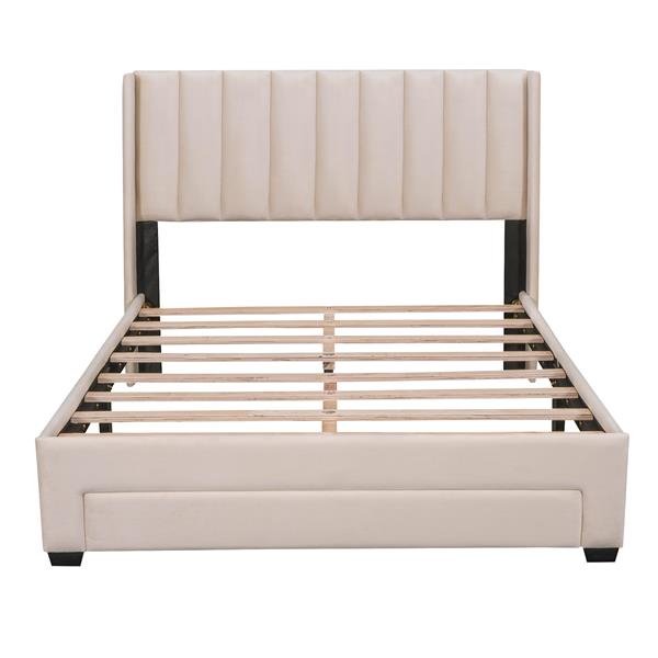 Full Size Storage Bed Velvet Upholstered Platform Bed with a Big Drawer - Beige