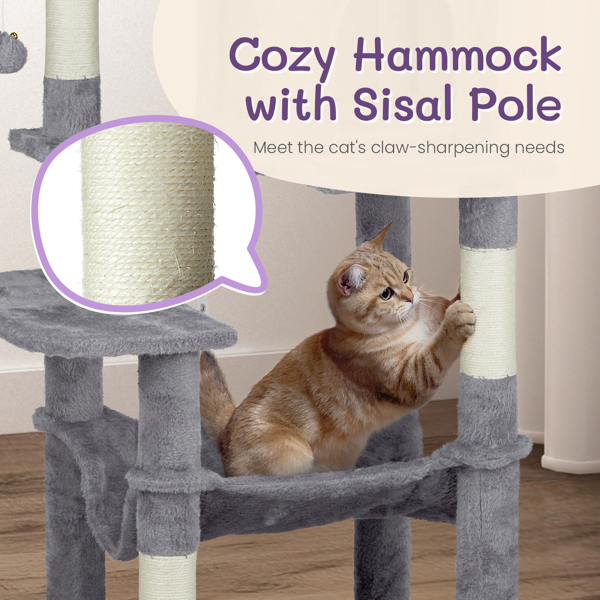 57 inch Cat Tree Cat Tower for Indoor Cats, Cat House with Padded Platform Bed, Toy Balls, Large Cozy Condo and Sisal Scratching Posts, Light Grey