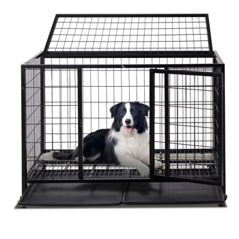 42 Inch Heavy Duty Dog Crate, Metal Dog Cage Dog Kennel for Medium to Large Dogs with Double Doors, Lockable Wheels and Removable Trays for Indoor & Outdoor