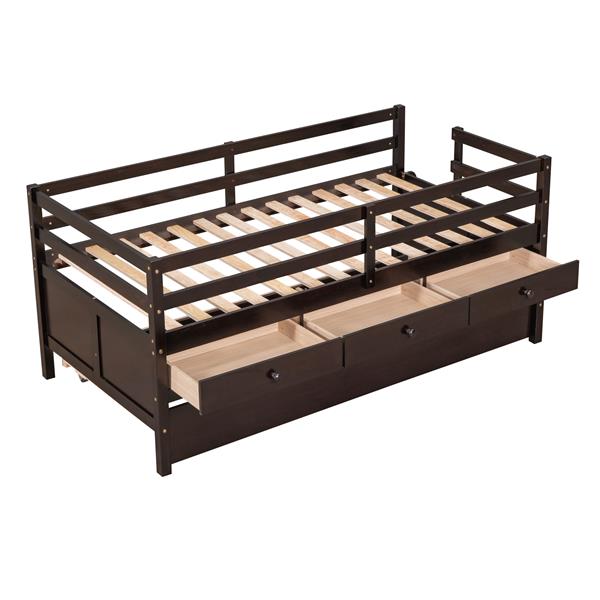 Low Loft Bed Twin Size with Full Safety Fence, Climbing ladder, Storage Drawers and Trundle Espresso Solid Wood Bed