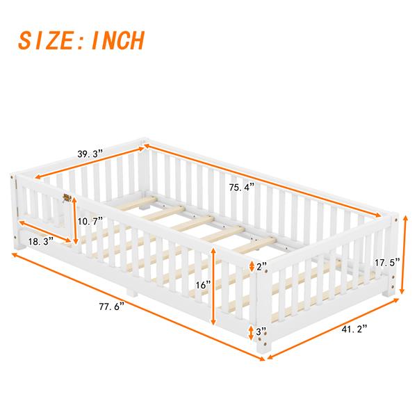 Twin Size Bed Floor Bed with Safety Guardrails and Door for Kids, White