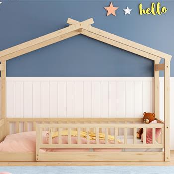 Twin Size Wood Bed House Bed Frame with Fence, for Kids, Teens, Girls, Boys,Natural