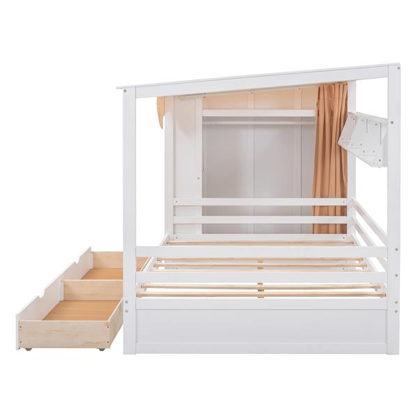 Full size House Bed with Two Drawers and Wardrobe,White