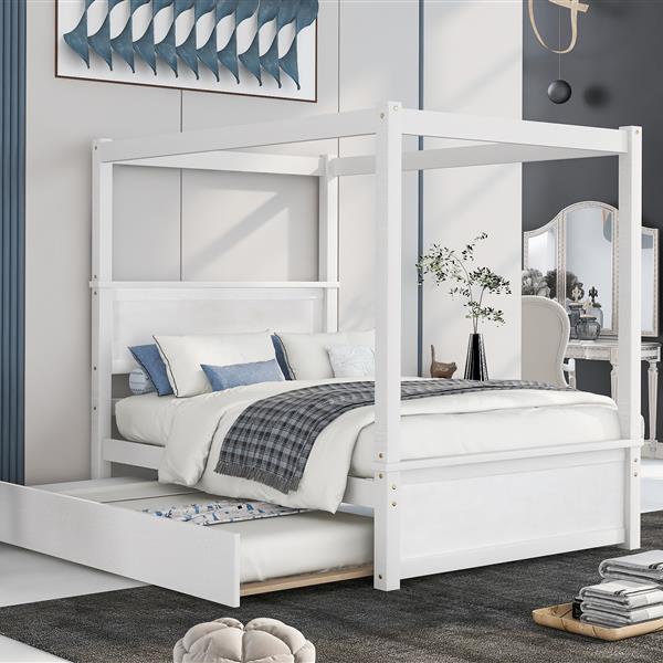 Wood Canopy Bed with Trundle Bed ,Full Size Canopy Platform bed With  Support Slats .No Box Spring Needed, Brushed White