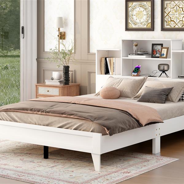 Queen Size Storage Platform Bed Frame with 4 Open Storage Shelves and USB Charging Design,White