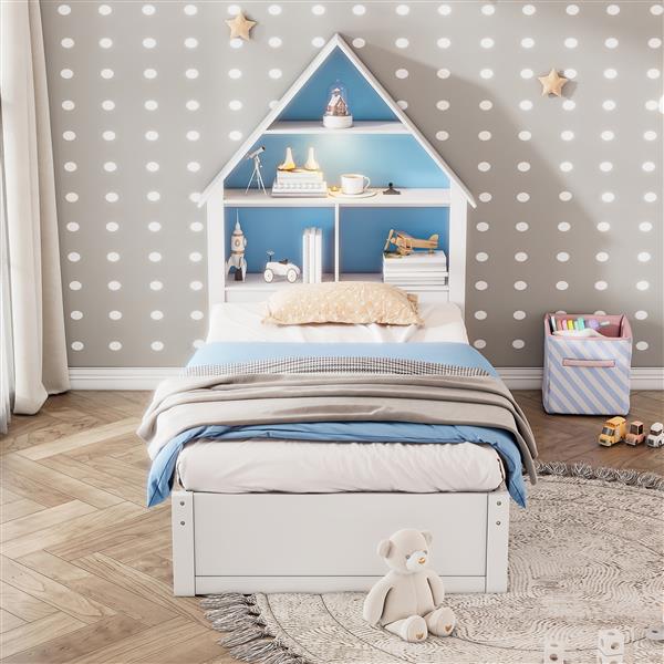 Twin Size House-Shaped Bed with Bookcase Headboard and Led Light and Twin Size Trundle for Kids Boys Girls, Blue+ White