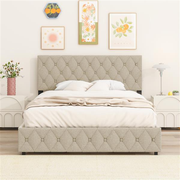 Queen Size Upholstered Platform Bed Frame with 4 Storage Drawers, Adjustable Linen Headboard, Wooden Slats Support, No Box Spring Needed, Easy Assembly, Light Beige