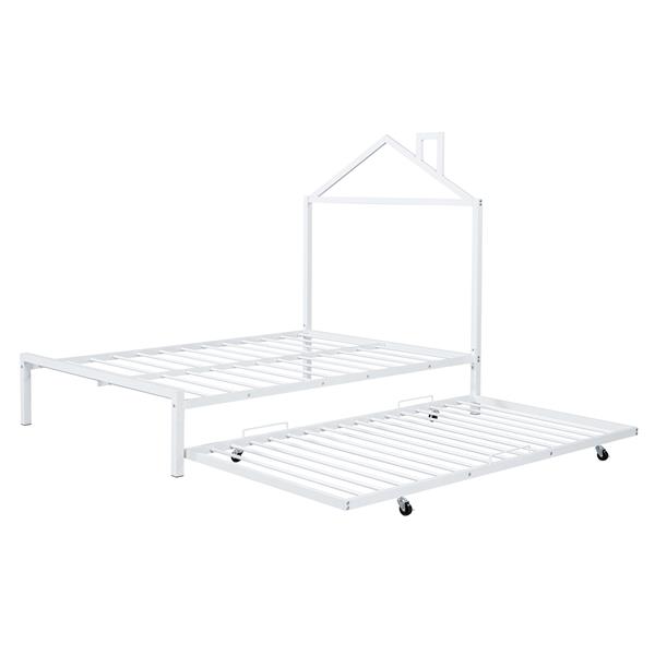 Full Size Metal Platform Bed with twin size trundle,House-Shaped Headboard Design, White