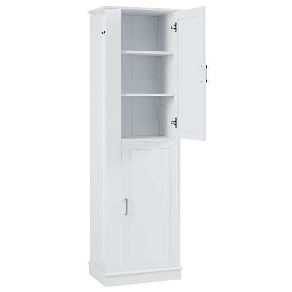 Tall Bathroom Storage Cabinet, Freestanding Storage Cabinet with Hook and Adjustable Shelf, MDF Board, White