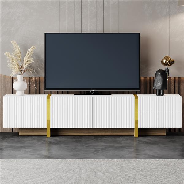 Luxury Fluted TV Stand for TVs Up to 80'', Modern Entertainment Center with Storage Cabinets & Drawers, Smooth Media Console with lden Wood Grain Legs for Living Room, White