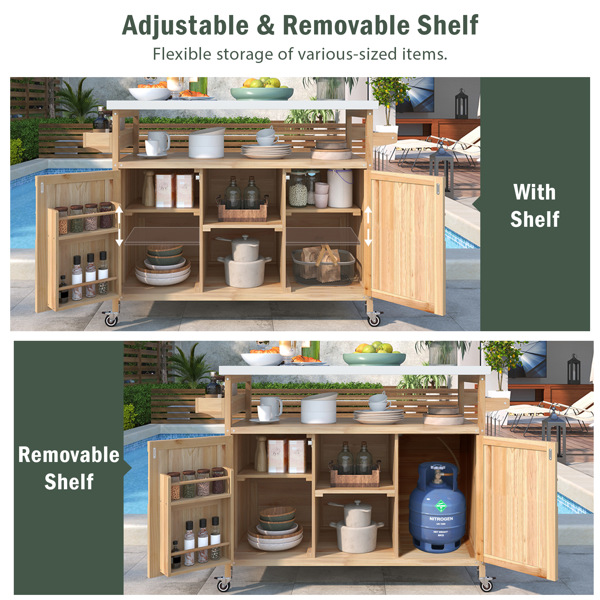 Outdoor Kitchen Island, Rolling Bar Cart & Storage Cabinet, Farmhouse Solid Wood Outdoor Grill Table with Stainless Steel Top, Spice Rack , Towel Rack for Kitchen & BBQ , Natural