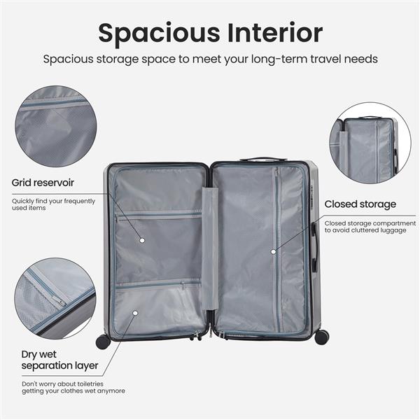 Luggage Set 4 pcs (20"/24"/29"/Travel Bag), PC+ABS Durable Lightweight Luggage with Collapsible Cup Holder, 360° Silent Spinner Wheels, TSA Lock, Gray