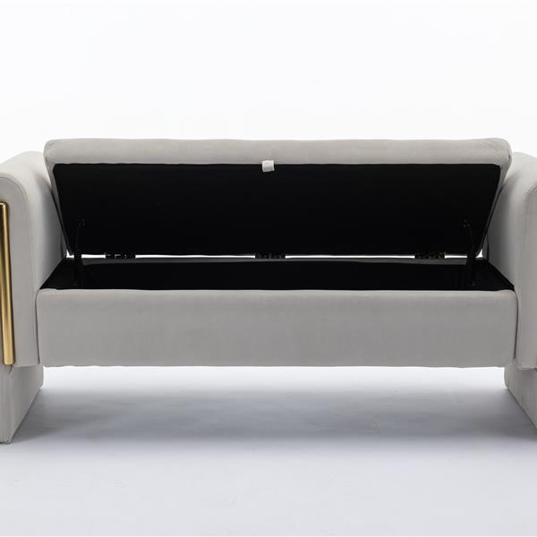 032-Velvet Fabric Storage Bench Bedroom Bench With Gold Metal Trim Strip For Living Room Bedroom Indoor,Light Gray