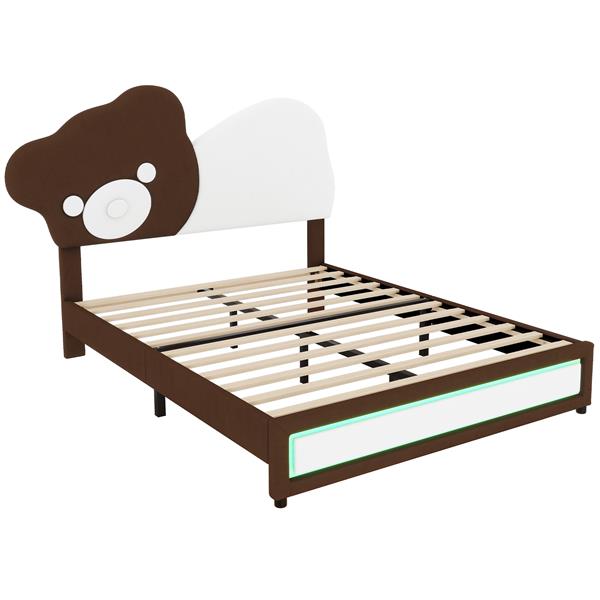 Full Size Upholstered Platform Bed with Bear Shaped Headboard, LED Light Strips, White + Brown