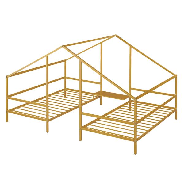 Metal Double Twin Size Triangular House Beds with Built-in Table, Gold