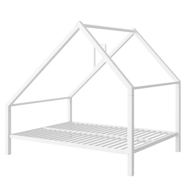 Full Size Metal House Platform Bed with Roof and Chimney, White