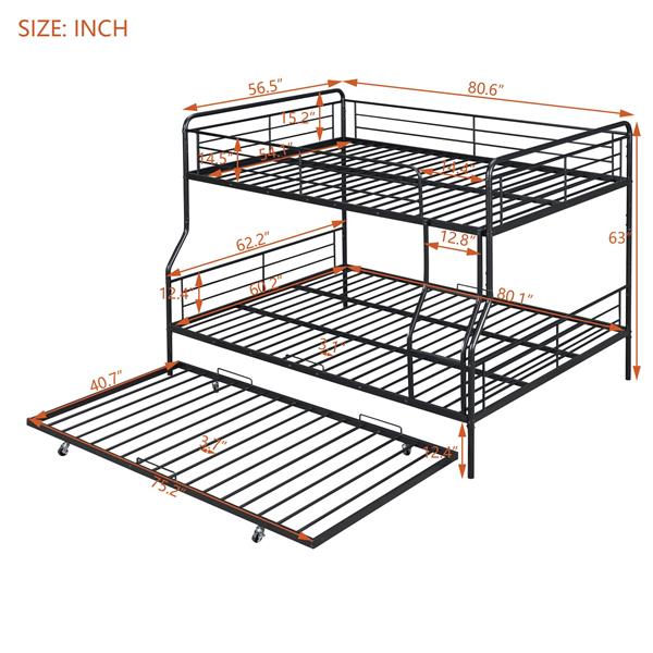 Full XL Over Queen Metal Bunk Bed with Twin Size Trundle, Black