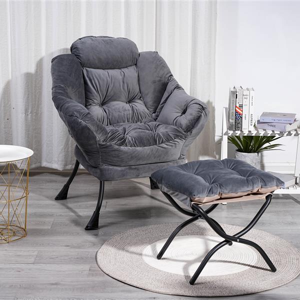 Living Room Chairs Modern Cotton Fabric Lazy Chair, Contemporary Lounge Chair, Single Steel Frame Leisure Sofa Chair with Armrests and A Side Pocket (Dark Gray ) ,with ottoman ,with footrest