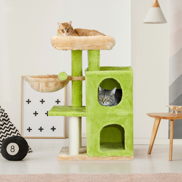 33 inch Cat Tree Cat Tower for Indoor Cats, Cat Activity Center Play House with Large Padded Perch, Hammock, 2-Tiered Condo, Scratching Posts & Dangling Ball, Yellow & Green