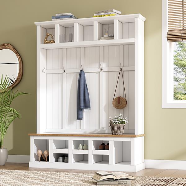 Farmhouse Wooden Style 78''H Modern Hall Tree with Wide Storage Seating Bench, Entryway Shoe Cabinet with 13 Compartments, Elegant Coat Rack with 6 Hooks for Mudroom, Living room, White