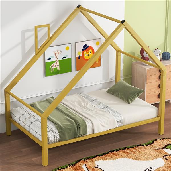 Twin Size Metal House Platform Bed with Roof and Chimney, Gold