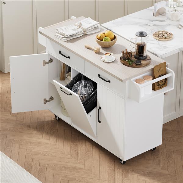 Kitchen Island with Trash Can Storage Cabinet, Kitchen Cart with Drop Leaf, Spice Rack, Towel Rack and Drawer, Rolling Kitchen Island on Wheels with Adjustable Shelf, White