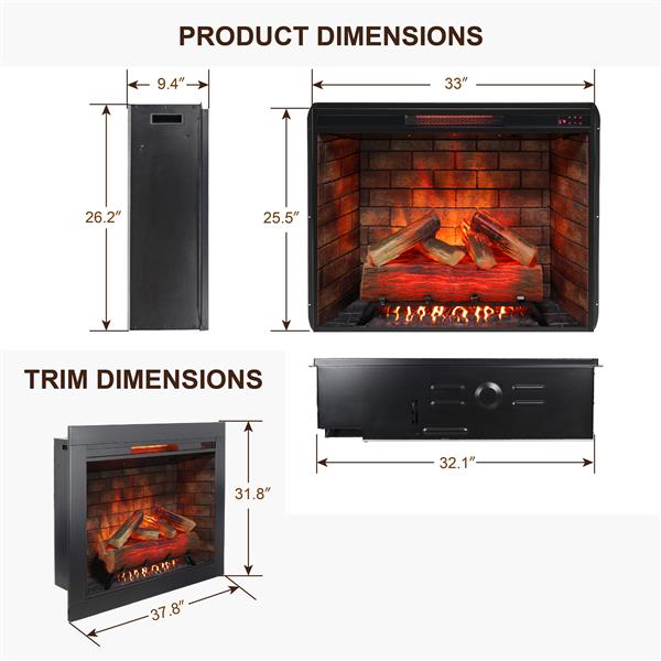 33 inch Infrared Electric Fireplace Insert, Touch Panel Home Decor Heater, Smokeless Firebox With Trim Kit