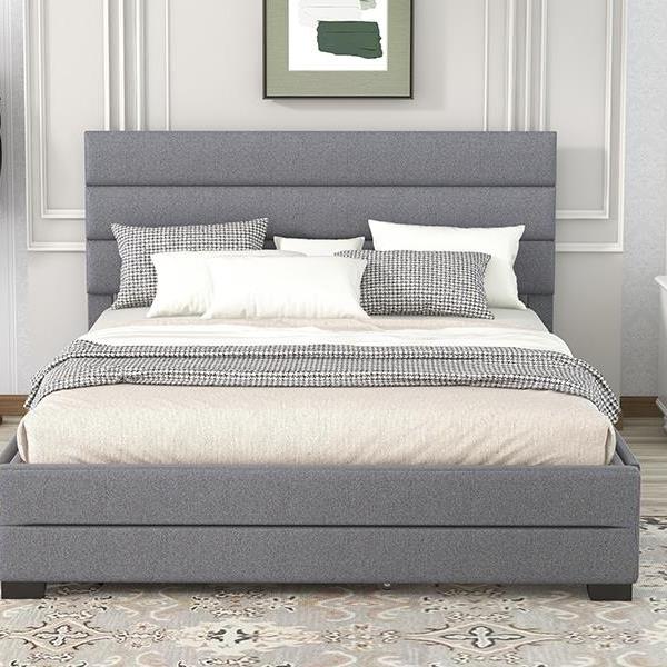 Queen Upholstered Platform Bed with Twin Size Trundle and Two Drawers,Grey