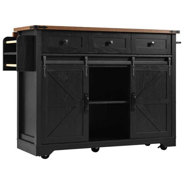 53.7" Farmhouse Kitchen Island with Power Outlet, 2 Sliding Barn Door Kitchen Storage Island with Drop Leaf, Spice Rack Rolling Kitchen Cart on Wheels, for Home, Kitchen and Dining Room, Black