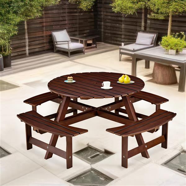 Outdoor 8 Person Picnic Table, 8 person Round Picnic Table with 4 Built-in Benches, Umbrella Hole, Outside Table and Bench Set for Garden, Backyard, Porch, Patio,  Brown