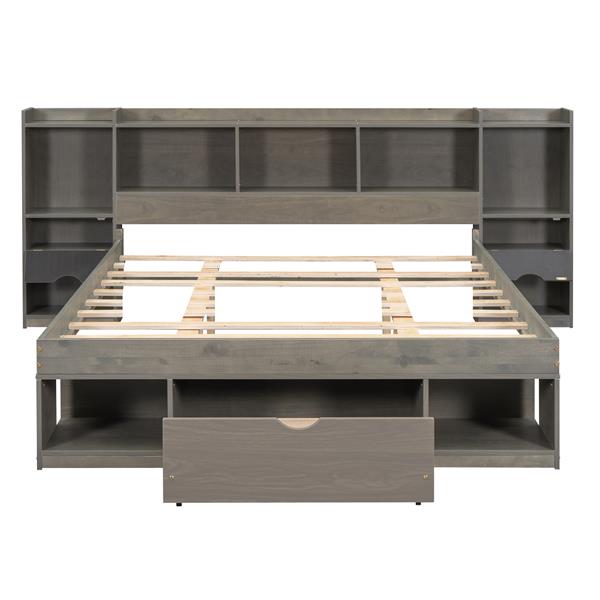 Queen Size Wood Platform Bed with Multi-storage Headboard and a Drawer, Gray