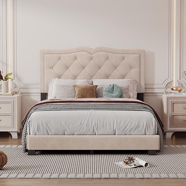 Full Size Upholstered Bed Frame with Rivet Design, Modern Velvet Platform Bed with Tufted Headboard,Beige