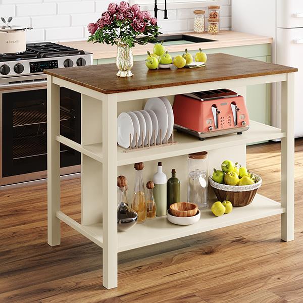 Solid Wood Rustic 3-piece 45" Stationary Kitchen Island Set with 2 Seatings, Rubber Wood Butcher Block Dining Table Set Prep Table Set with 2 Open Shelves for Small Places,Walnut+Cream White