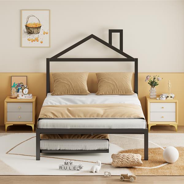 Full Size Metal Platform Bed with twin size trundle,House-Shaped Headboard Design, Black