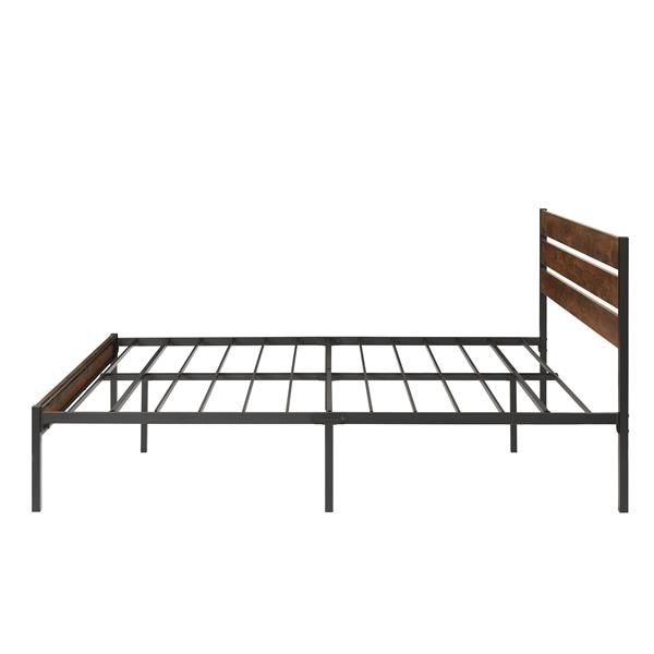 Queen Size Bed Frame with Wood Headboard, Metal Frame with Strong Slats, Noise Free,No Box Spring Needed-Brown