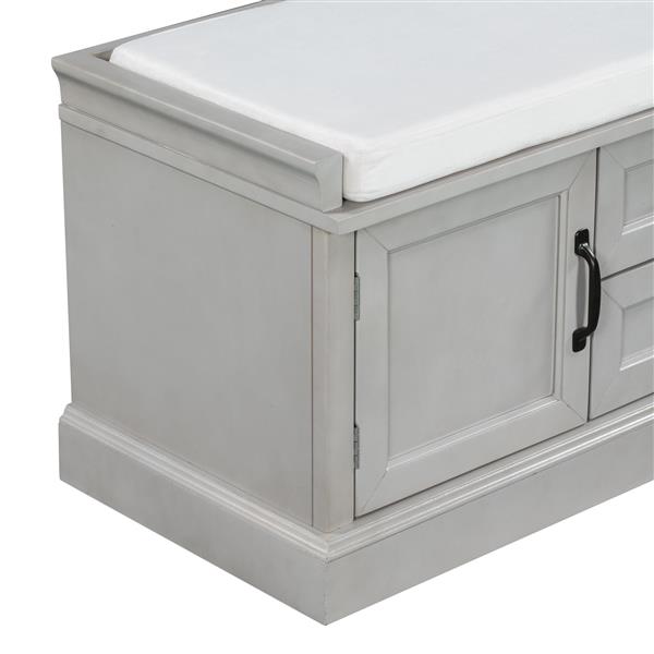 Storage Bench with 2 Drawers and 2 Cabinets, Shoe Bench with Removable Cushion for Living Room, Entryway (Gray Wash)