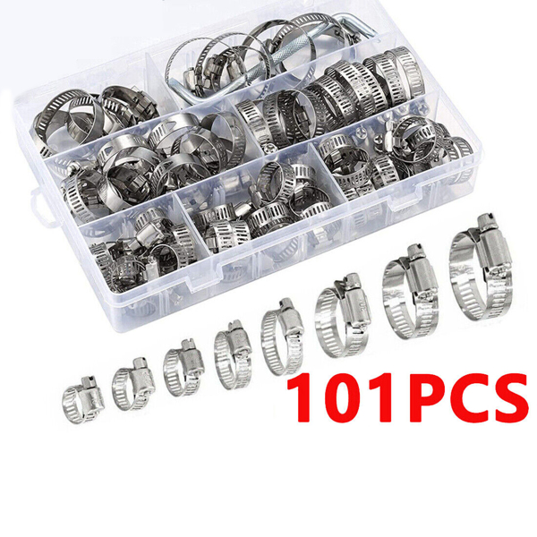 101 Pcs Assorted Stainless Steel Hose Clamp Kit With No Driver Jubilee Clips Set