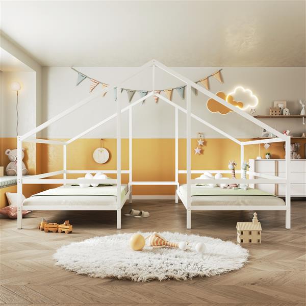 Metal Double Twin Size Triangular House Beds with Built-in Table, White