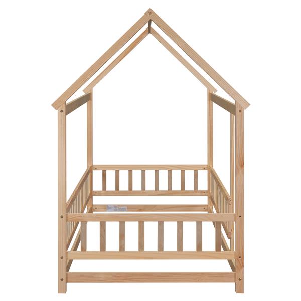 Twin Size Floor Wooden Bed with House Roof Frame, Fence Guardrails,Natural