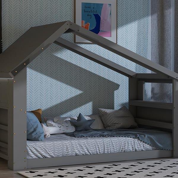 Twin House Floor Bed with Roof Window, LED Light,Grey