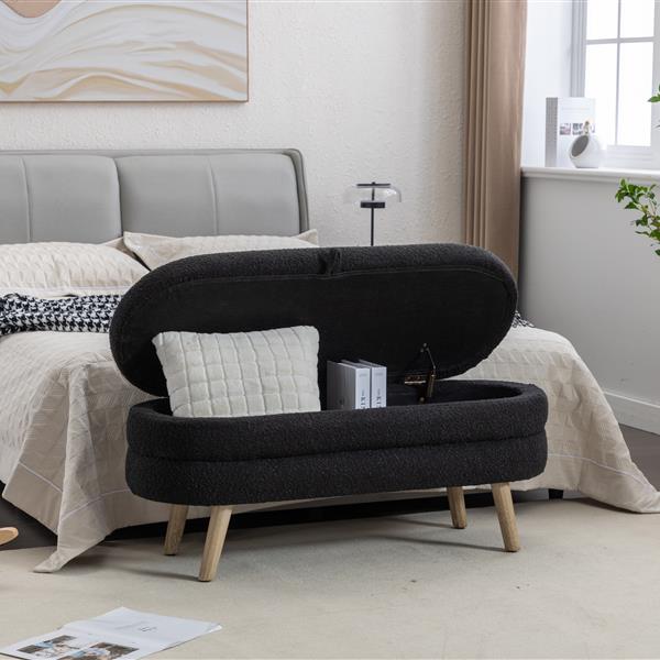 036-Boucle Fabric Storage Bench Bedroom Bench With Wood Legs For Living Room Bedroom Indoor,Black