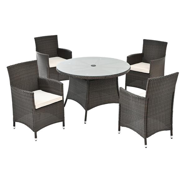 5 Piece Outdoor Dining Set All-Weather Wicker Patio Dining Table and Chairs with Cushions, Round Tempered Glass Tabletop with Umbrella Cutout for Patio Backyard Porch Garden Poolside(Brown-White)