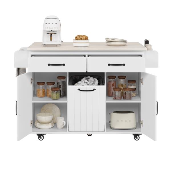 Kitchen Island with Trash Can Storage Cabinet, Kitchen Cart with Drop Leaf, Spice Rack, Towel Rack and Drawer, Rolling Kitchen Island on Wheels with Adjustable Shelf, White