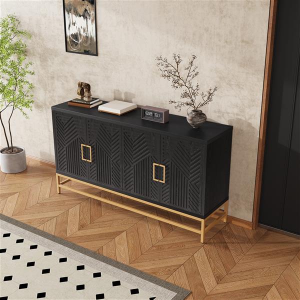 Retro Style Sideboard with Adjustable Shelves, Rectangular Metal Handles and Legs for  Kitchen, Living room, and Dining Room  (Black)