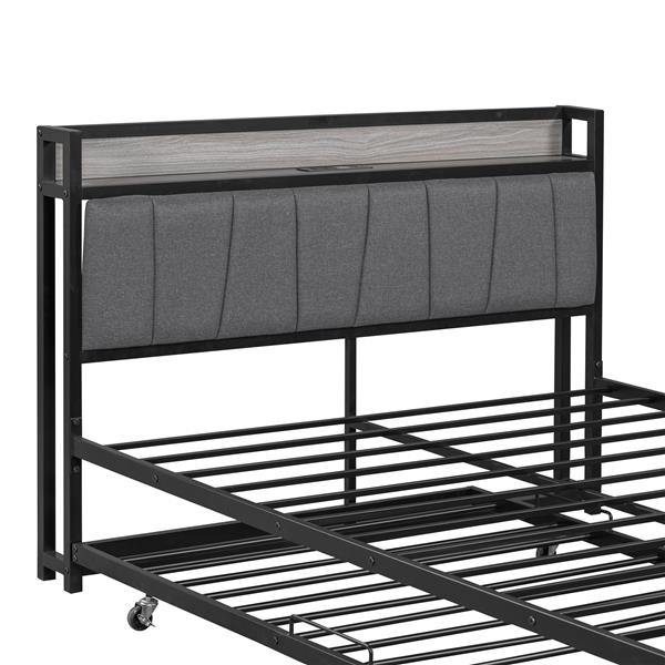 Full Size Metal Platform Bed Frame with Twin size trundle, Upholstered headboard, Sockets, USB Ports and Slat Support, No Box Spring Needed, Black