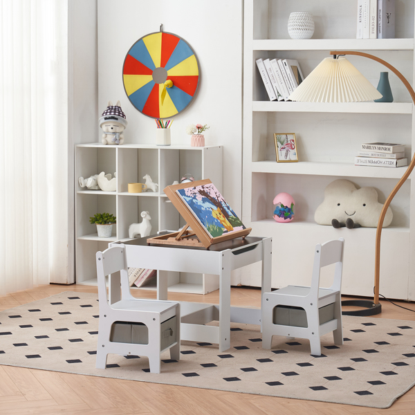 Children's Wooden Table And Chair Set With Two Storage Bags (One Table And Two Chairs) Grey And White