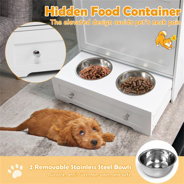 White pet feeding station, pet cabinet